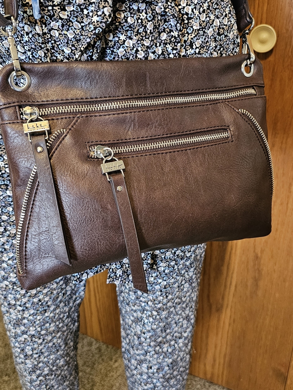 Nicole Miller Dark Brown Leather Crossbody with Zip Accents